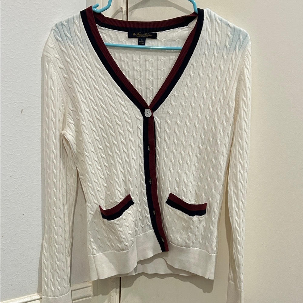 Brooks Brothers White Cable Knit Cardigan with Red Trim